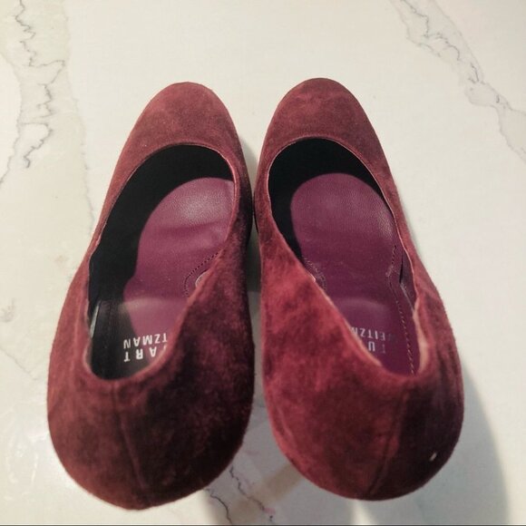 STUART WEITZMAN Sz 8.5 Burgundy Red Suede Heels Platform Woodgrain Design Shoes - Picture 7 of 10